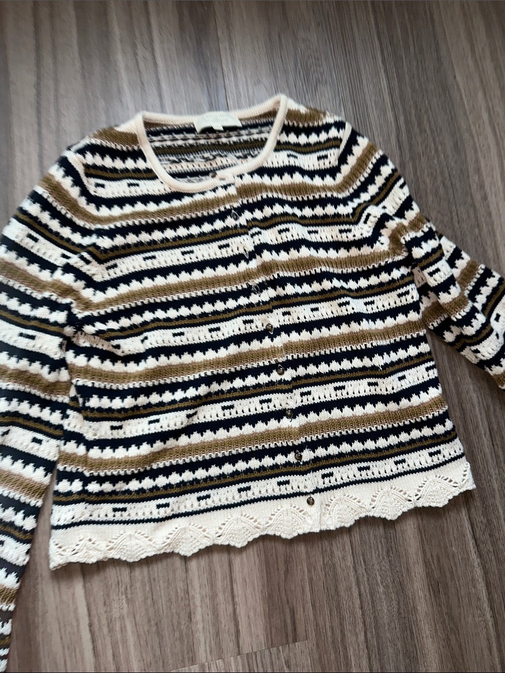 Cream, Black & Brown Striped Knit Button-Up Sweater